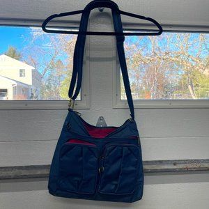 Travelon Anti-theft purse crossbody blue with pink lining 13x11x4